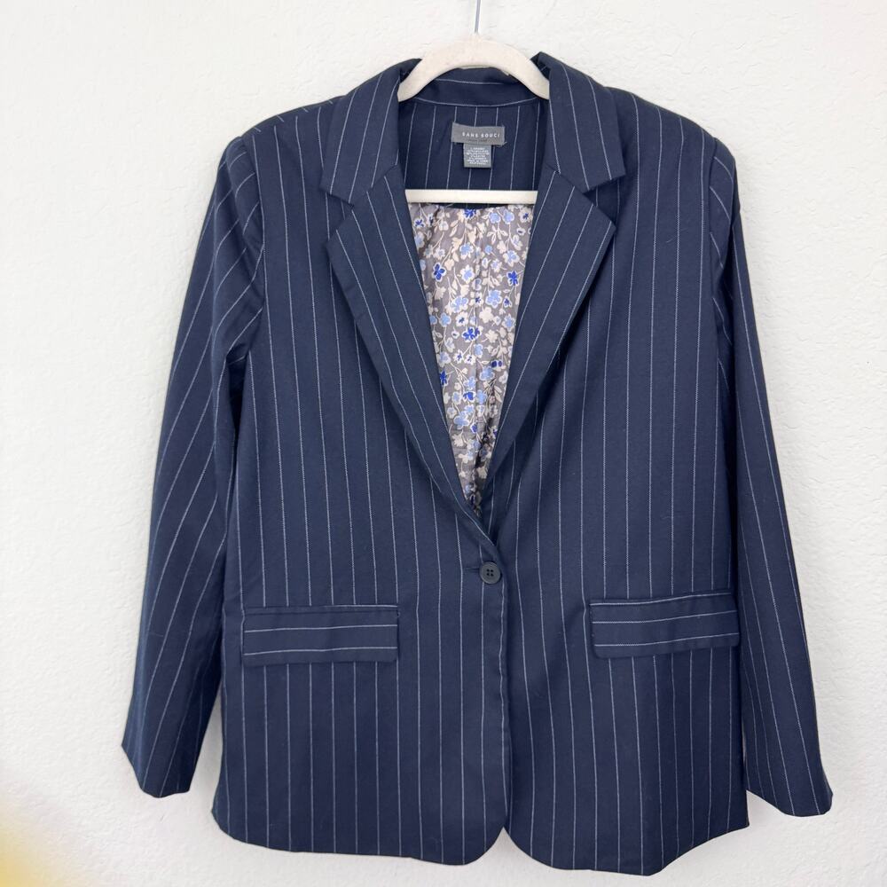 Sans Souci Womens Blazer Jacket Size L Pin Stripe Floral Classic Career Blue